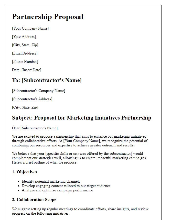 Letter template of subcontractor partnership proposal for marketing initiatives