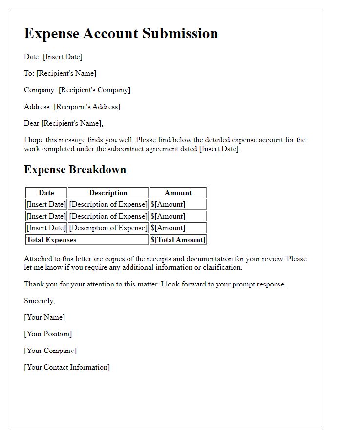 Letter template of detailed expense account from subcontractor