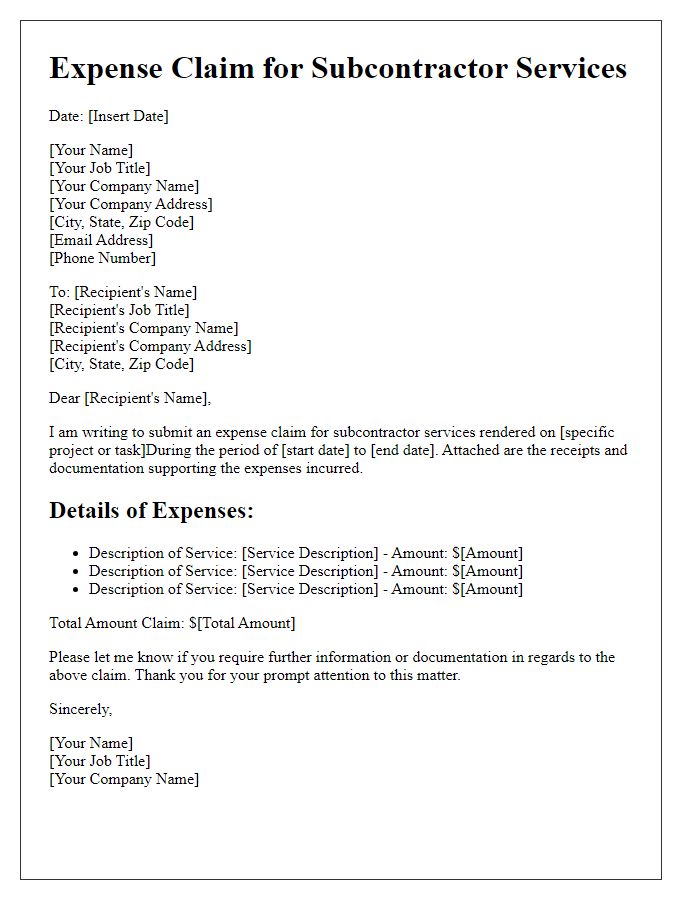 Letter template of expense claim for subcontractor services