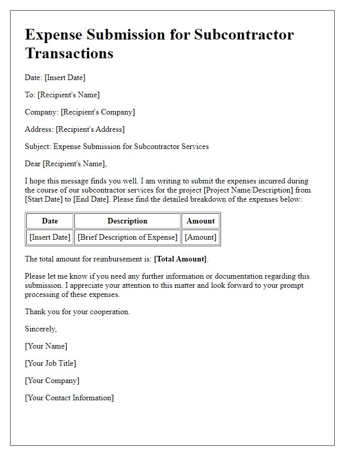 Letter template of expense submission for subcontractor transactions