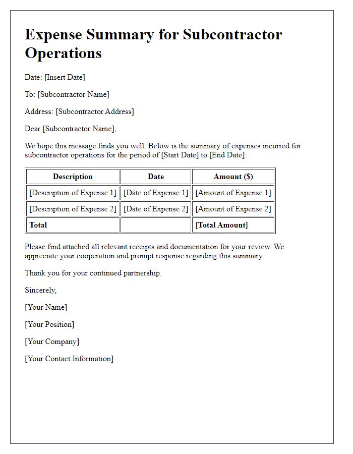 Letter template of expense summary for subcontractor operations