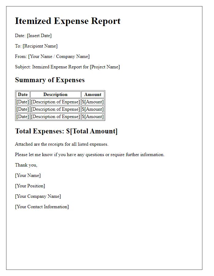 Letter template of itemized expense report from subcontractor