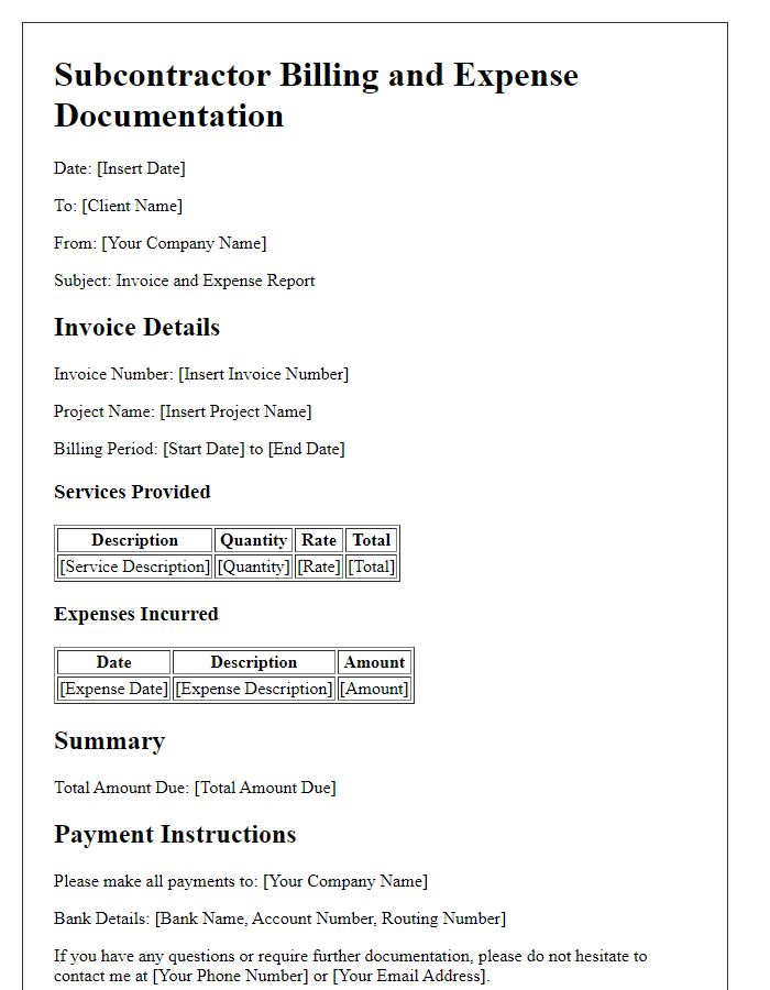 Letter template of subcontractor billing and expense documentation