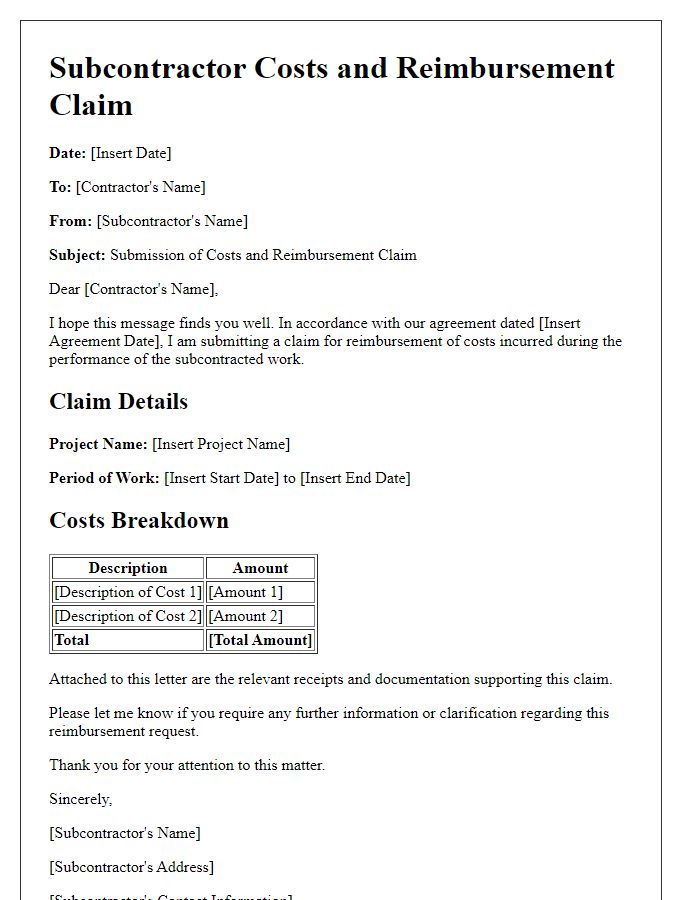 Letter template of subcontractor costs and reimbursement claim