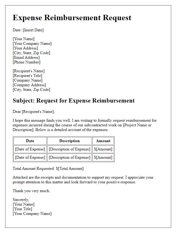 Letter template of subcontractor expense reimbursement request