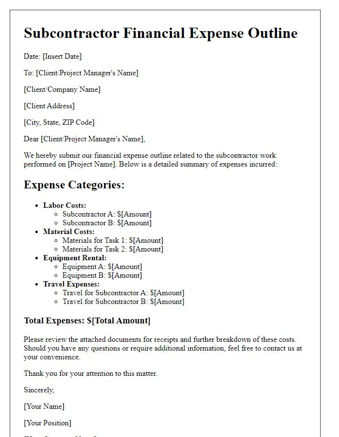 Letter template of subcontractor financial expense outline