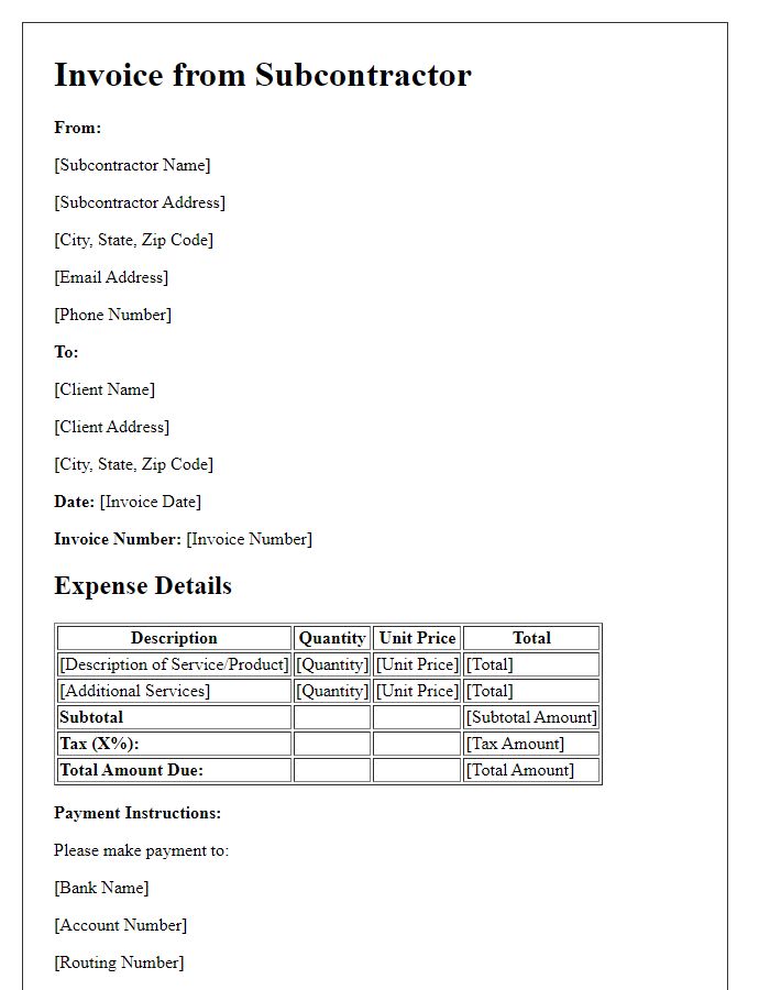 Letter template of subcontractor invoice and expense details