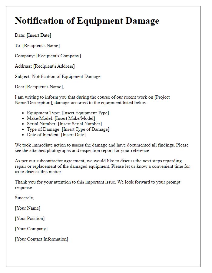 Letter template of subcontractor equipment damage notification.