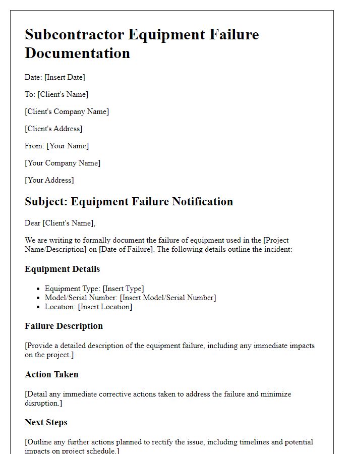 Letter template of subcontractor equipment failure documentation.