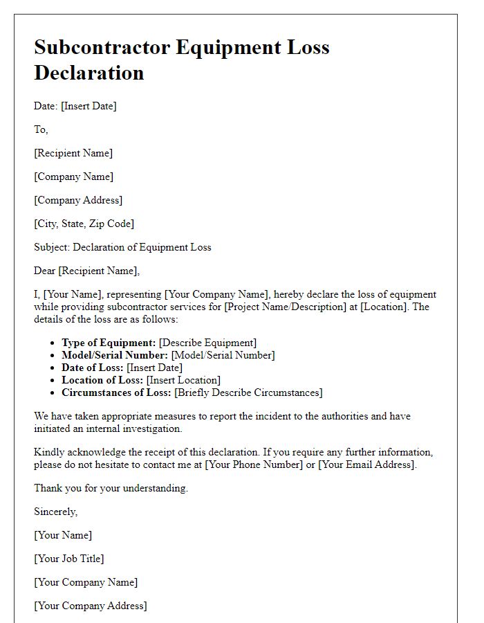 Letter template of subcontractor equipment loss declaration.