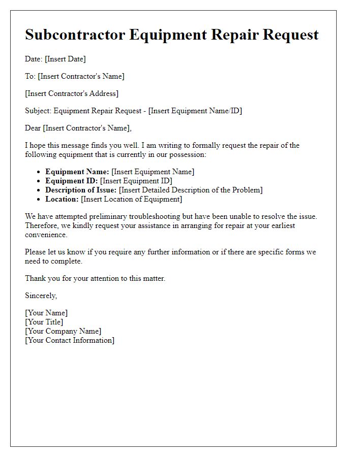 Letter template of subcontractor equipment repair request.