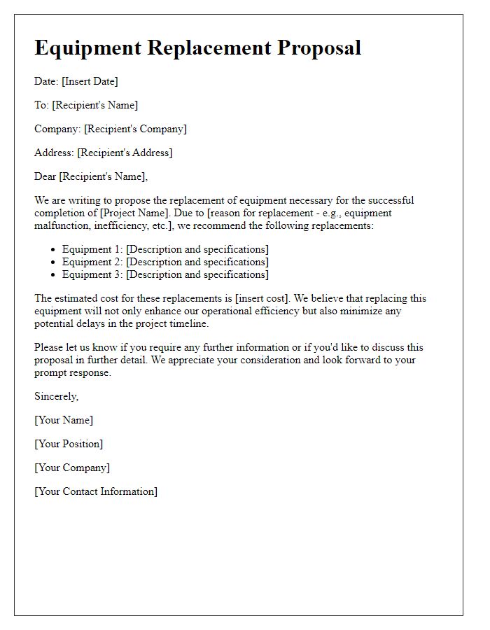 Letter template of subcontractor equipment replacement proposal.