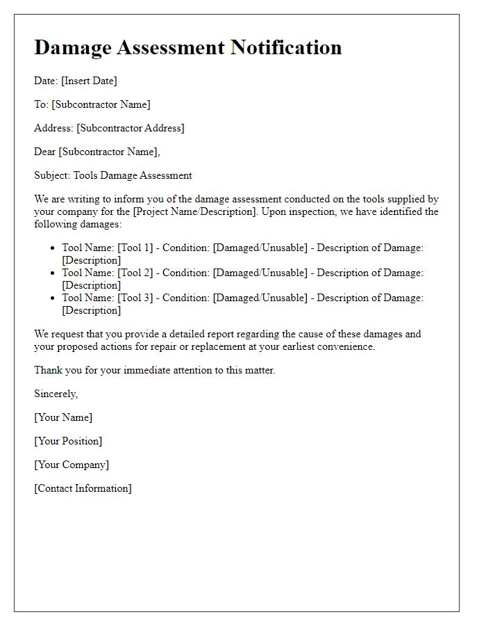 Letter template of subcontractor tools damage assessment.