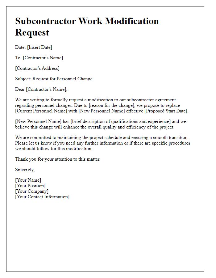 Letter template of subcontractor work modification request for personnel change.