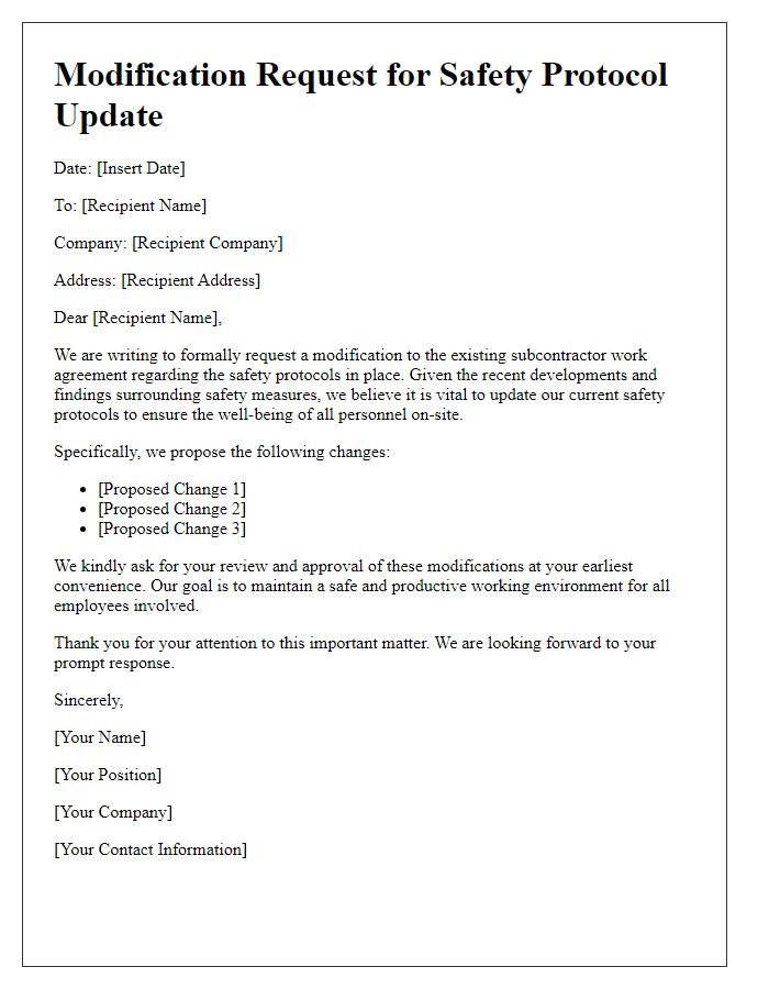 Letter template of subcontractor work modification request for safety protocol update.