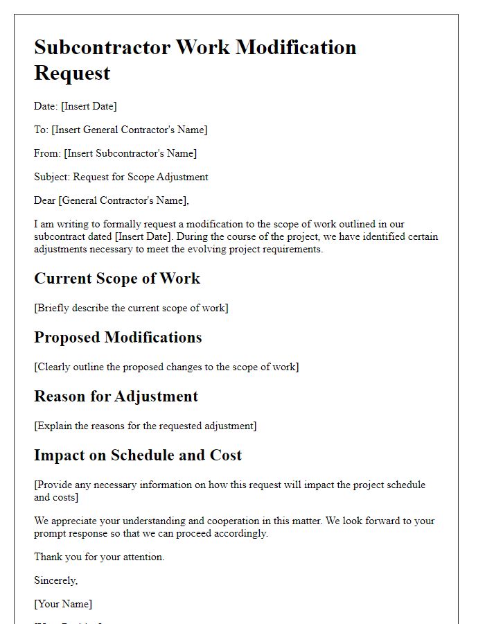 Letter template of subcontractor work modification request for scope adjustment.