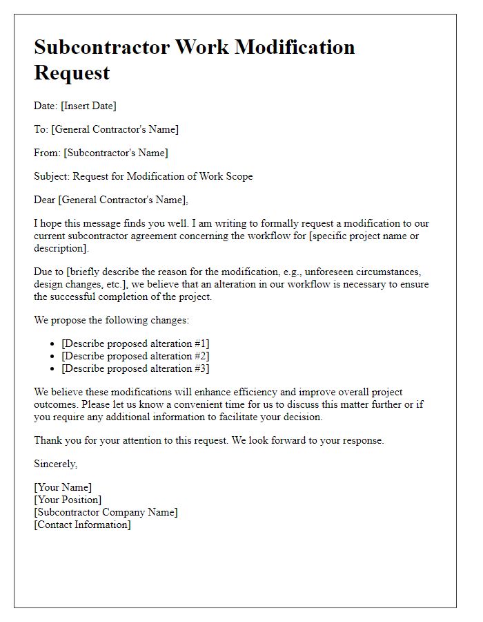 Letter template of subcontractor work modification request for workflow alteration.