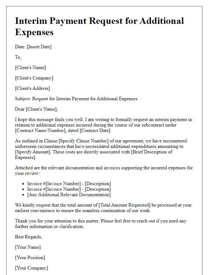 Letter template of subcontractor interim payment request for additional expenses