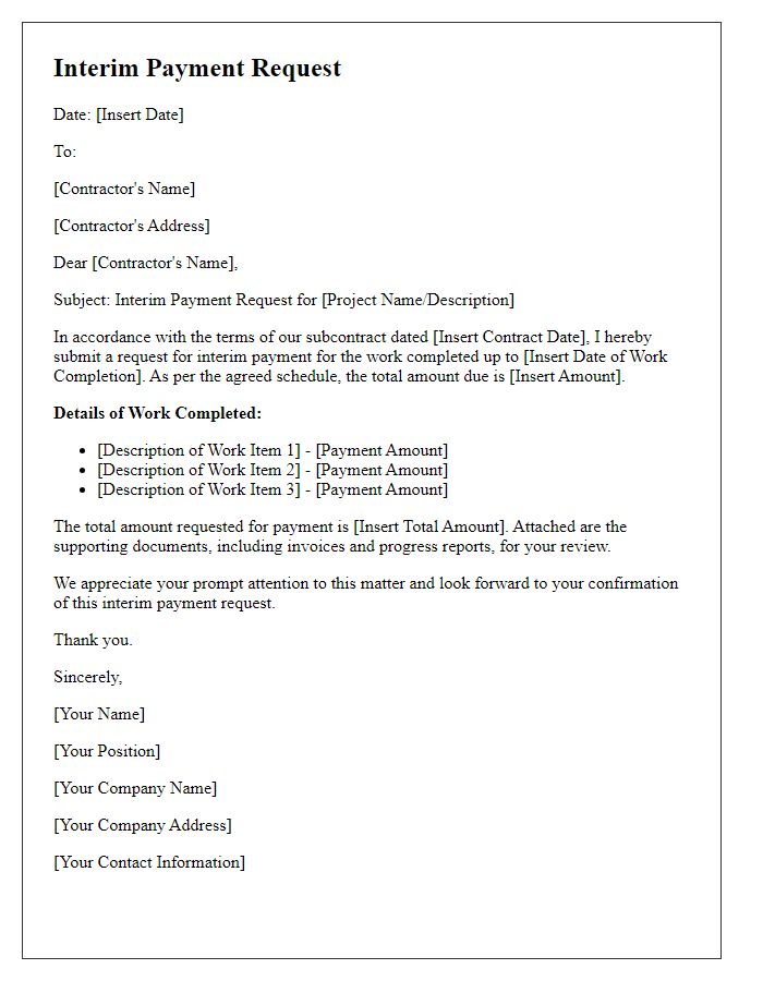 Letter template of subcontractor interim payment request at contractually agreed intervals