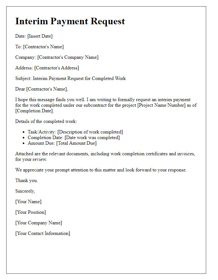 Letter template of subcontractor interim payment request for completed work
