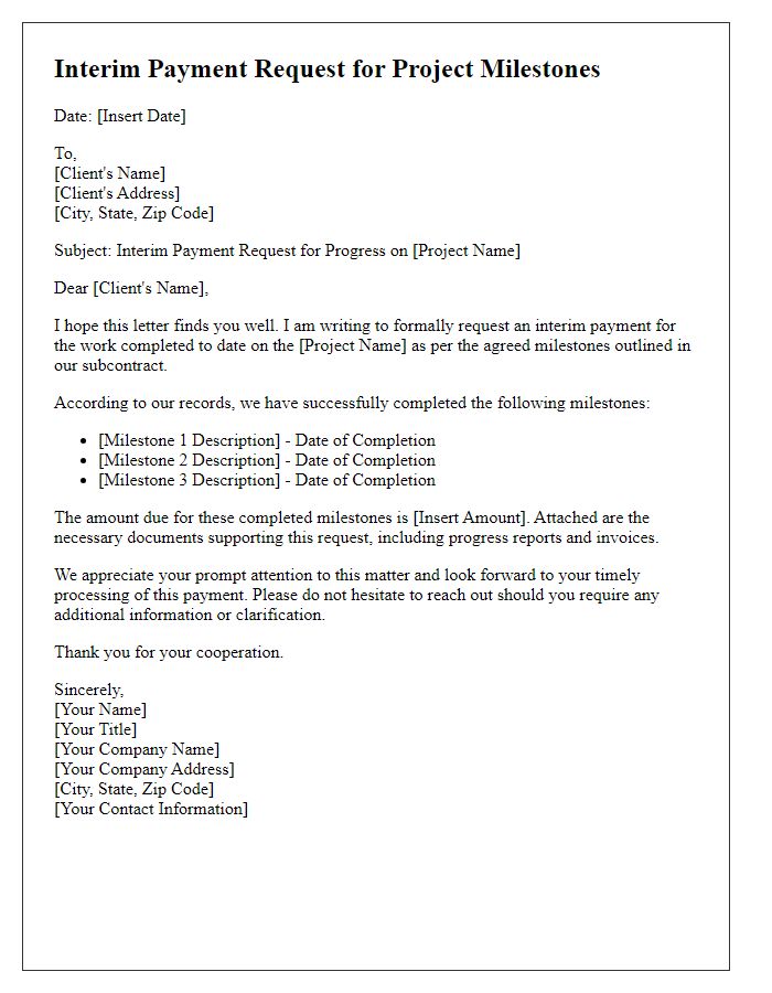 Letter template of subcontractor interim payment request due to project milestones