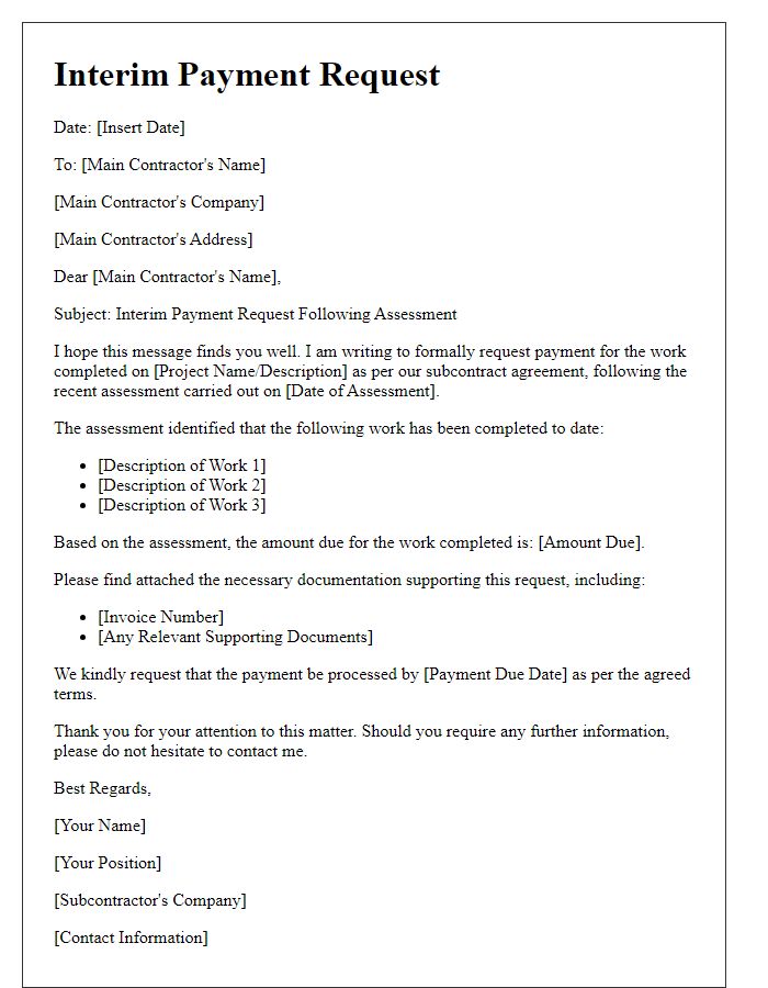 Letter template of subcontractor interim payment request following assessment