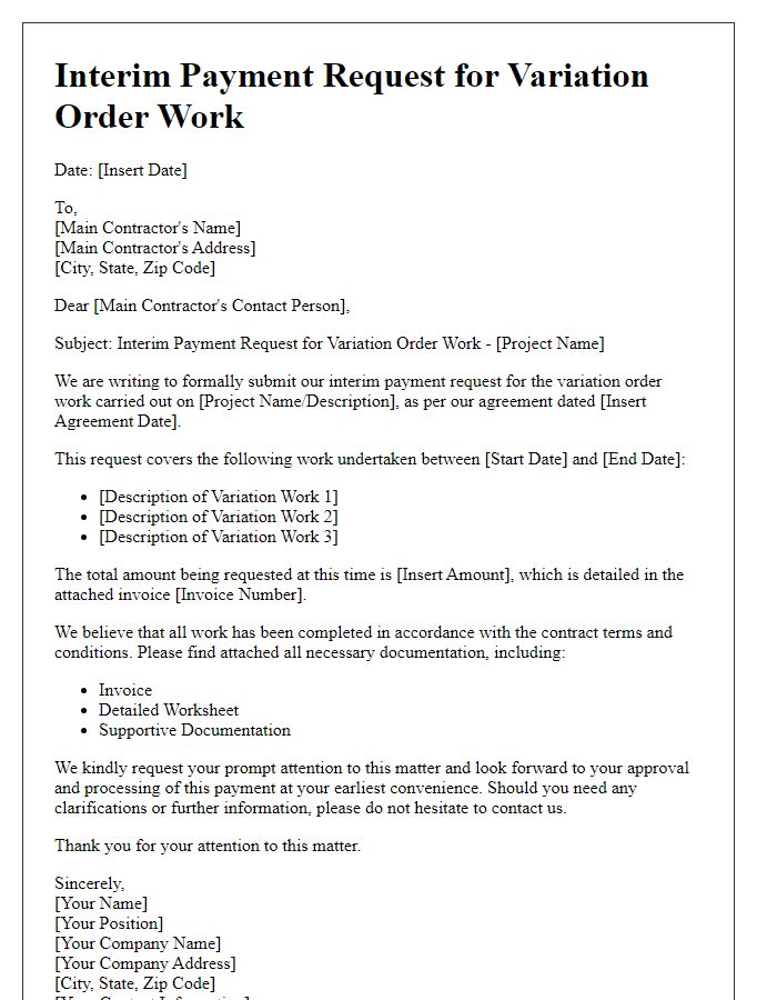 Letter template of subcontractor interim payment request for variation order work