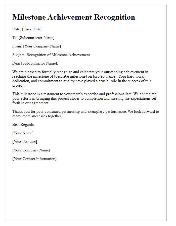 Letter template of subcontractor milestone achievement recognition