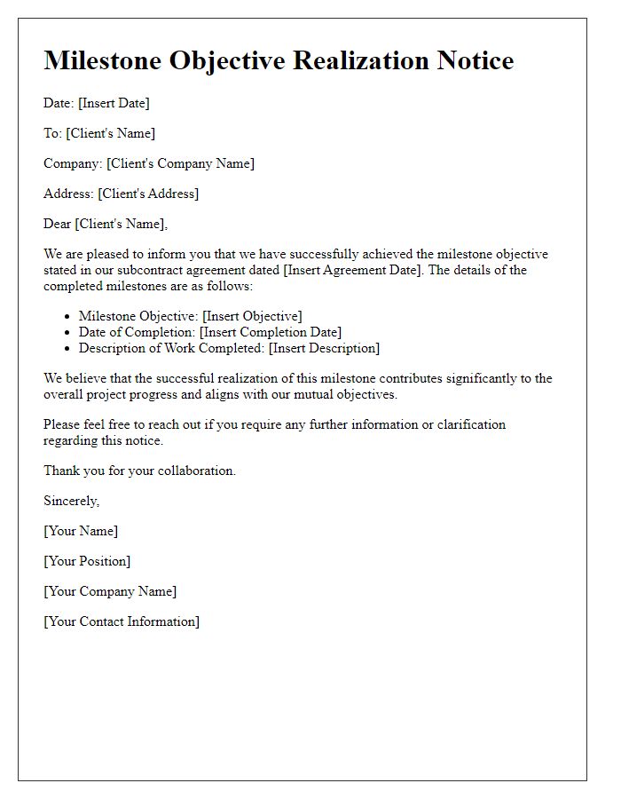 Letter template of subcontractor milestone objective realization notice