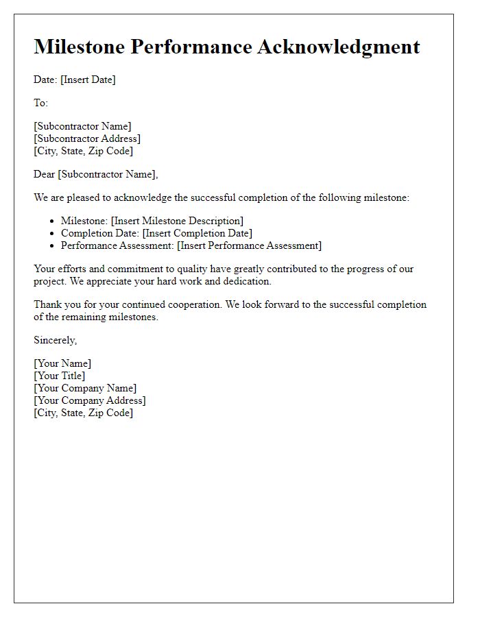 Letter template of subcontractor milestone performance acknowledgment