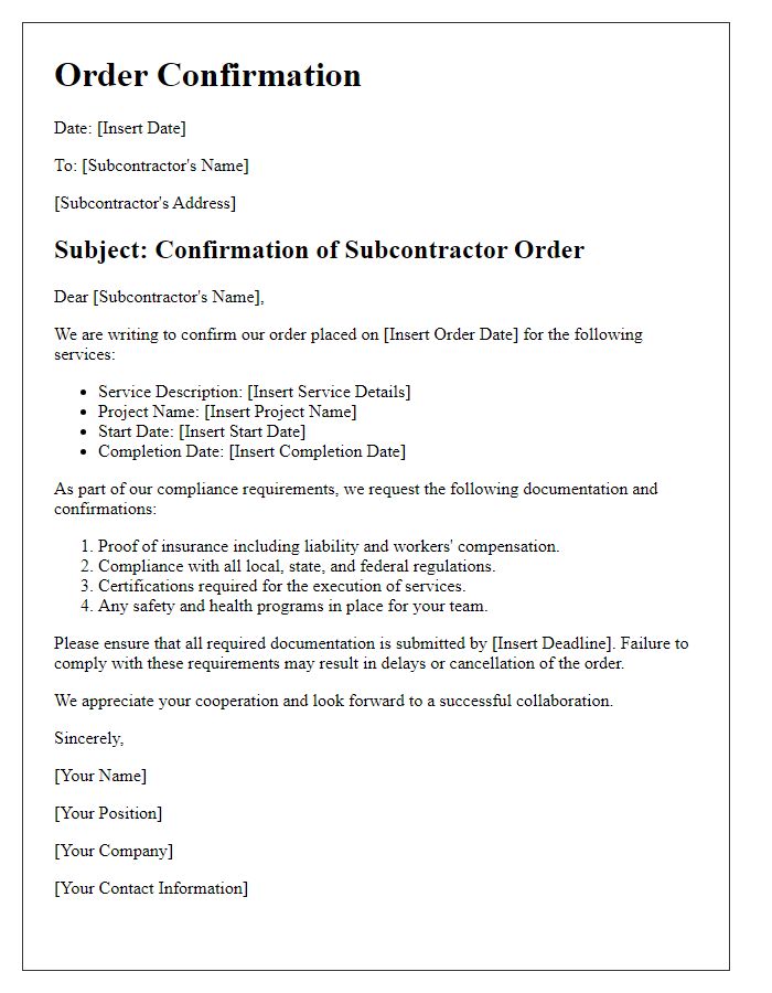 Letter template of subcontractor order confirmation addressing compliance requirements