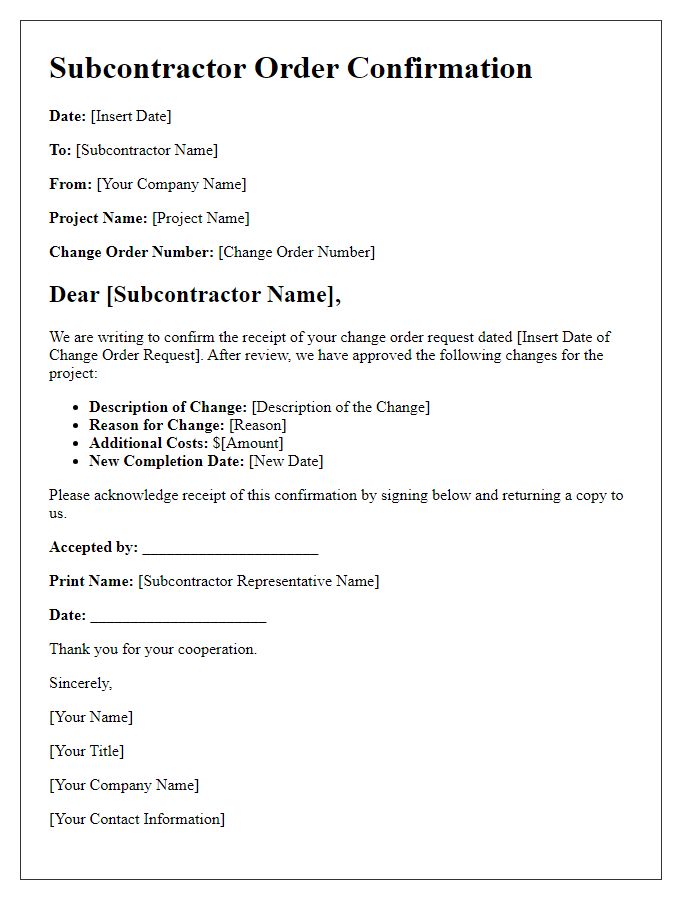 Letter template of subcontractor order confirmation for change orders