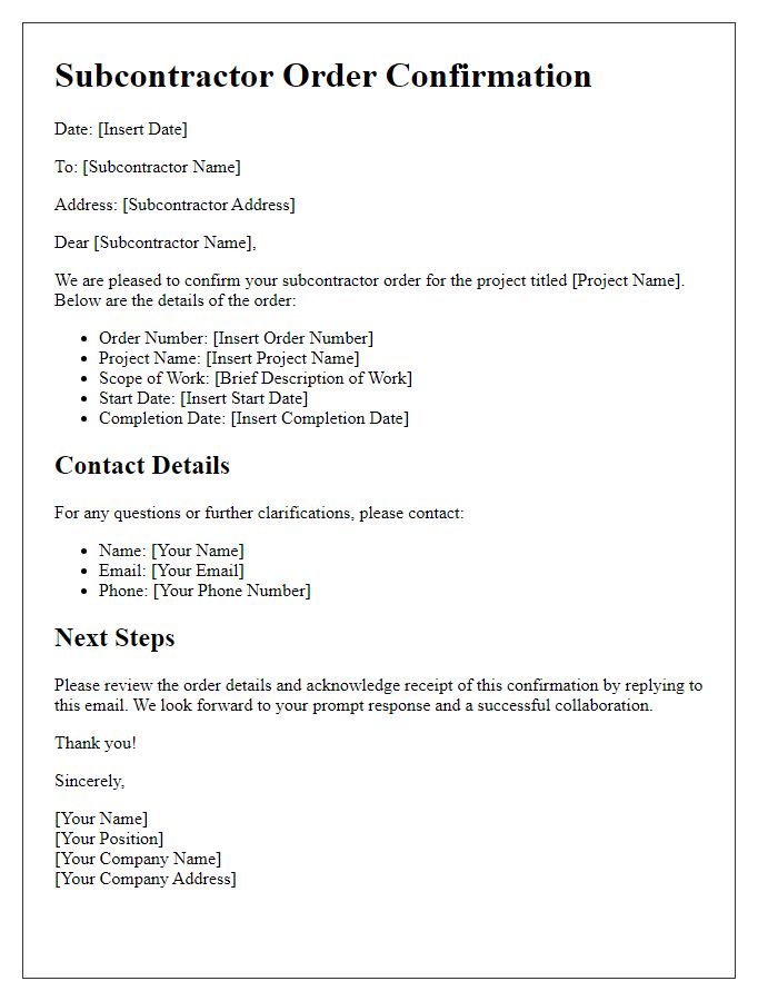 Letter template of subcontractor order confirmation with contact details and next steps