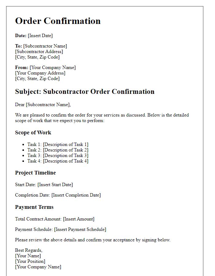 Letter template of subcontractor order confirmation with detailed scope of work