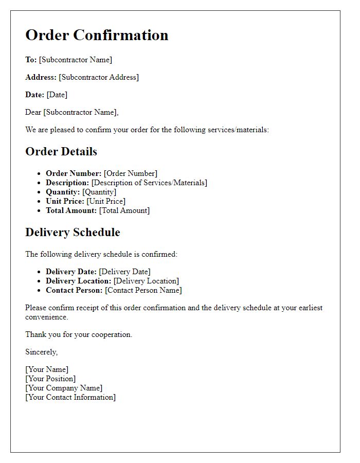 Letter template of subcontractor order confirmation including delivery schedule