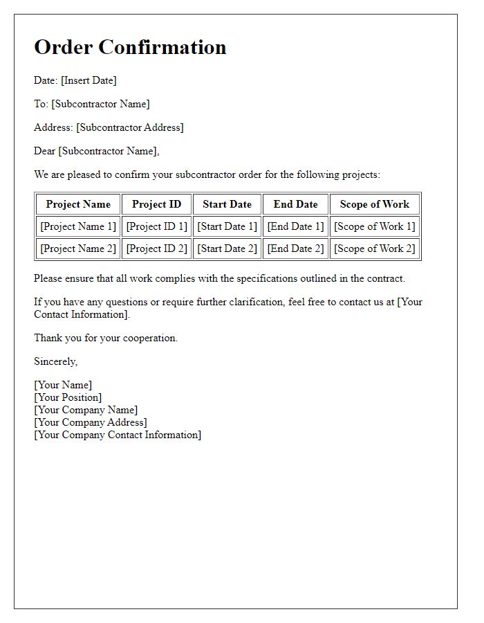 Letter template of subcontractor order confirmation for multiple projects