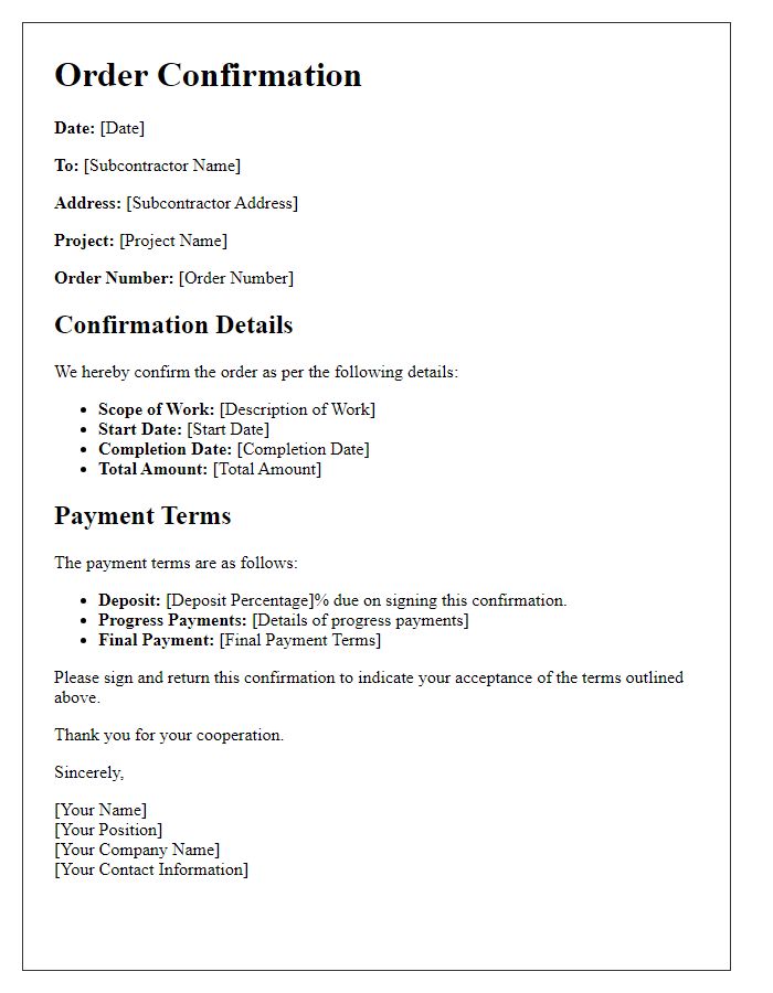 Letter template of subcontractor order confirmation with payment terms