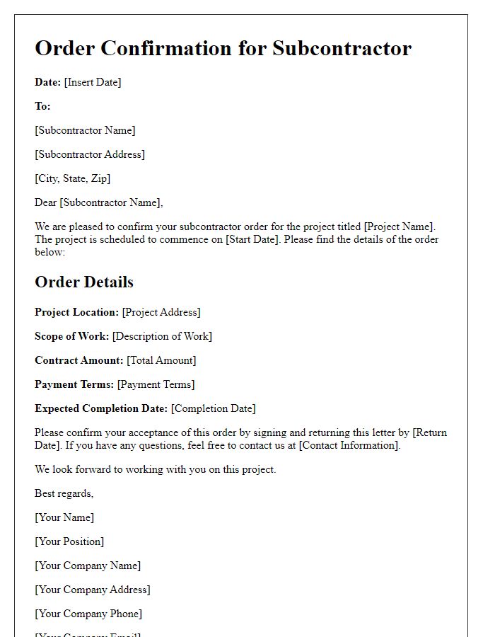 Letter template of subcontractor order confirmation for project commencement