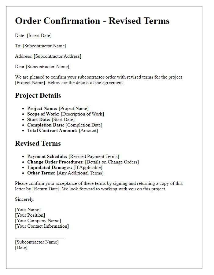 Letter template of subcontractor order confirmation with revised terms