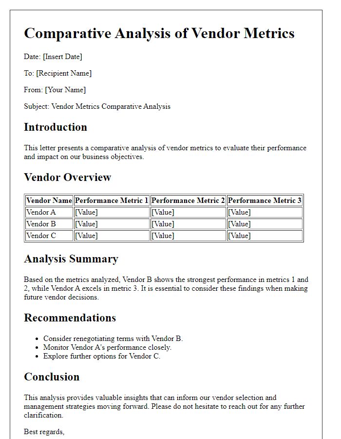 Letter template of comparative analysis for vendor metrics