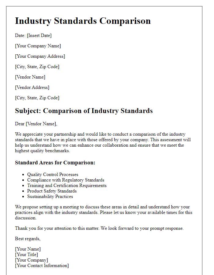 Letter template of industry standards comparison for vendors