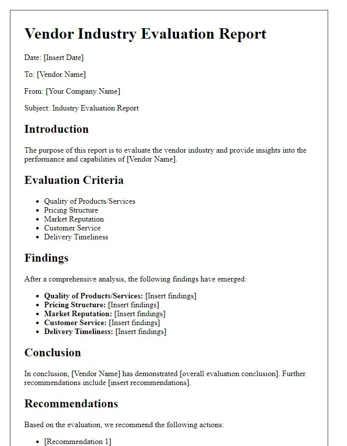 Letter template of vendor industry evaluation report