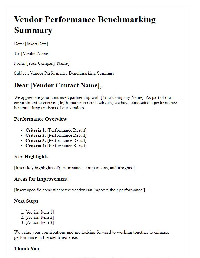 Letter template of vendor performance benchmarking summary