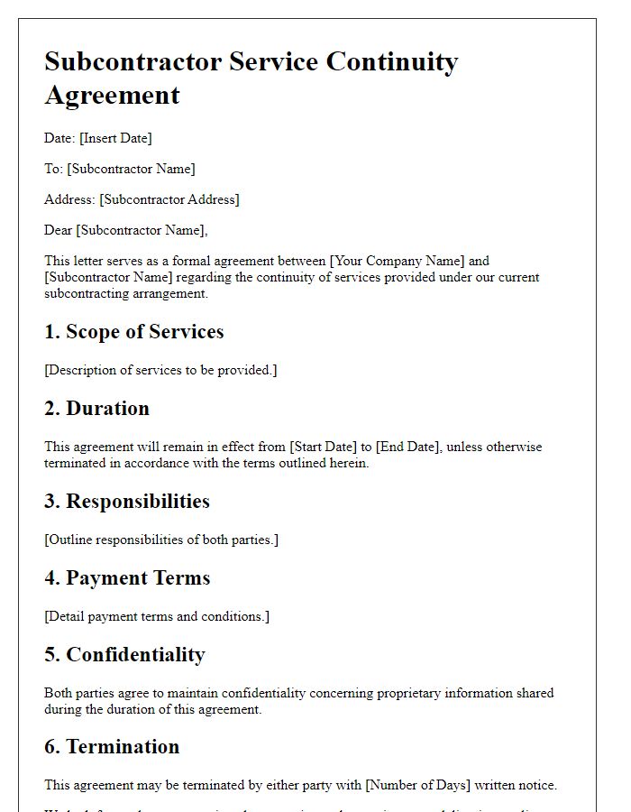 Letter template of subcontractor service continuity agreement