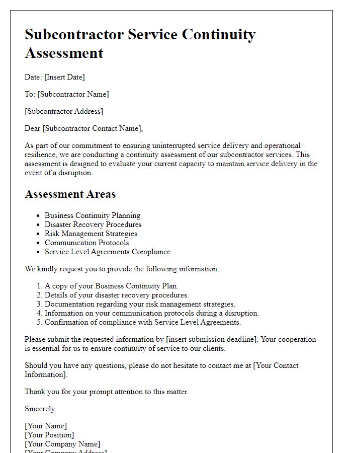 Letter template of subcontractor service continuity assessment