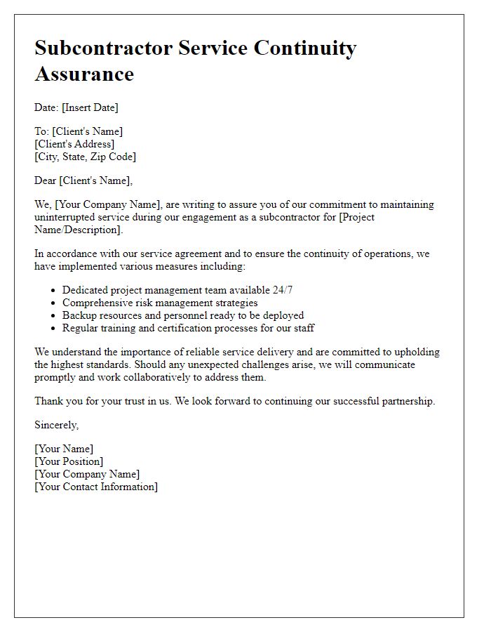 Letter template of subcontractor service continuity assurance