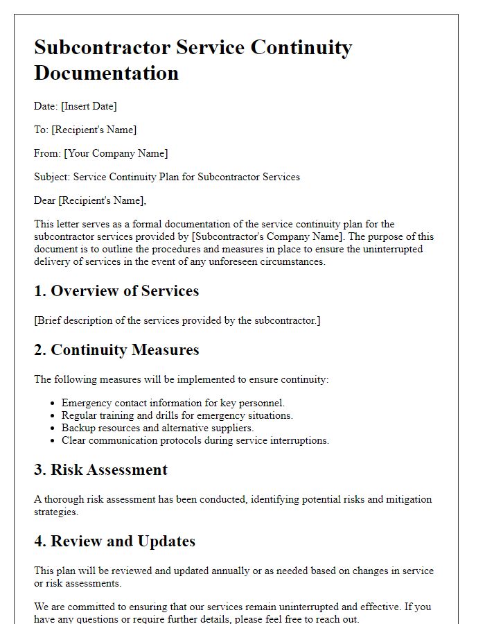 Letter template of subcontractor service continuity documentation