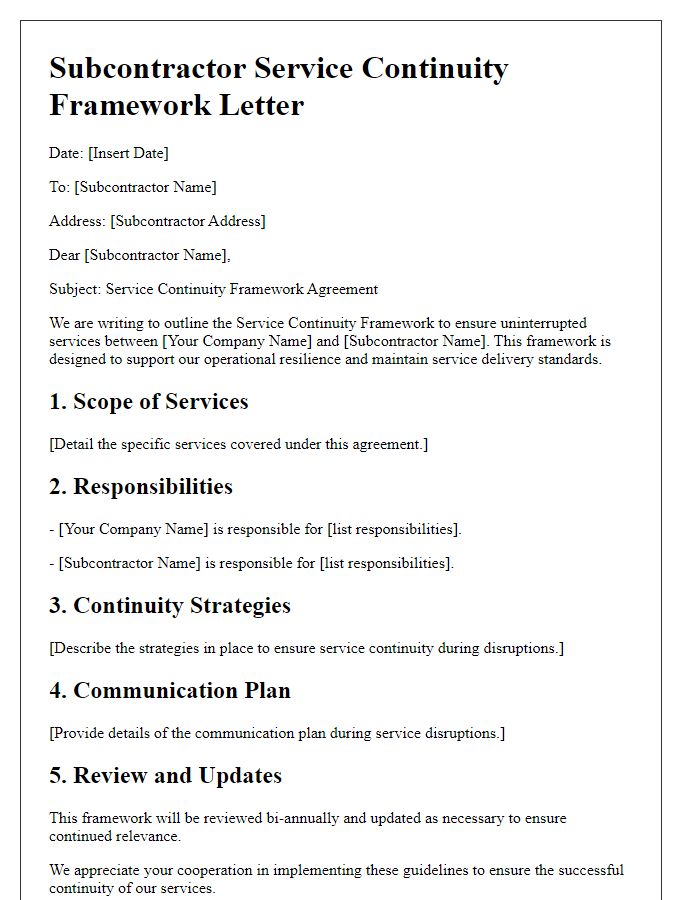 Letter template of subcontractor service continuity framework