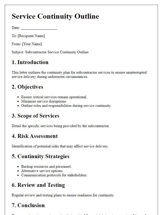 Letter template of subcontractor service continuity outline