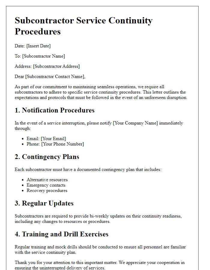 Letter template of subcontractor service continuity procedures